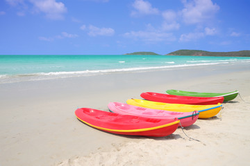 Multiple color kayaks rest on tropical beach.