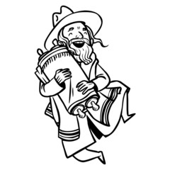 Funny cartoon jewish man dancing with Torah. Vector illustration