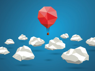 Low poly red balloon flying between polygonal clouds in the sky