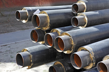 Steel pipe with heat insulation on construction site