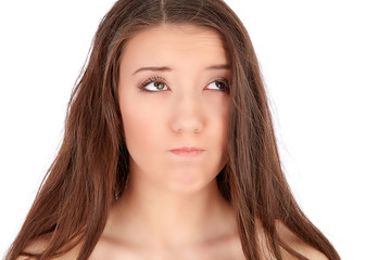 Fototapeta premium Puzzled Beautiful Woman Portrait, Looking at Weak Hair