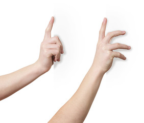 Hand holds white edge surface, two positions, clipping path
