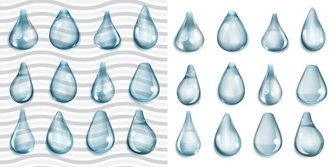 Transparent and opaque blue drops of different shapes