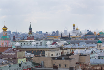 Panoramic view of the building from the roof of Moscow in cloudy