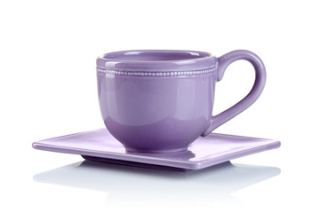 purple cup with saucer isolated on white