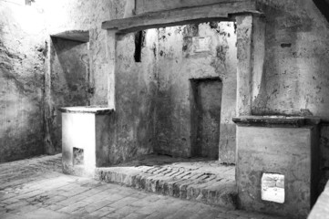 Ancient monastery kitchens. Black and white photo
