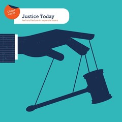Businessman's hand manipulating justice like a puppet
