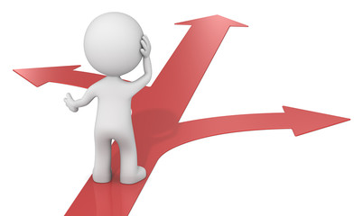 Choice.The dude 3D character choosing between 3 ways.