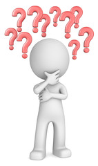 Questions.The dude 3D character with many red question marks.