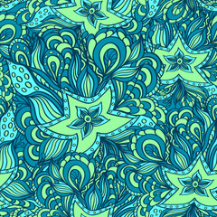 Seamless pattern with doodle starfishes in blue green