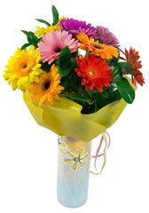 Bouquet of flowers in yellow package and vase