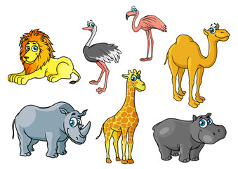Cartoon african wild animals and birds characters