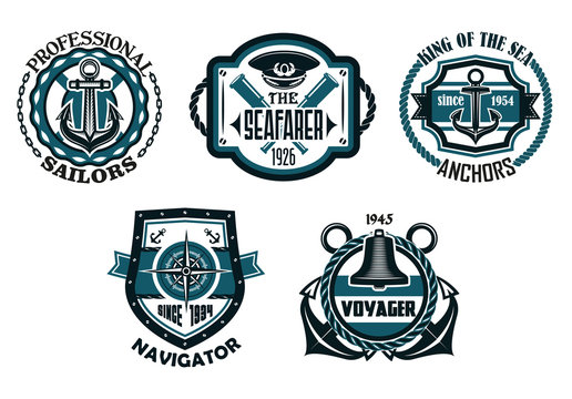Nautical retro blue emblems with maritime symbols
