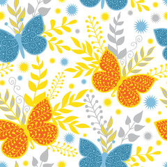 Vector vibrant blue and orange butterflies seamless pattern