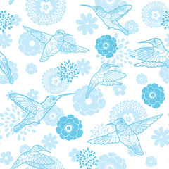 Vector blue hummingbirds and flowers lineart seamless pattern