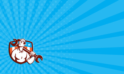 Obraz premium Business card Mechanic Spanner Wrench USA Flag Retro