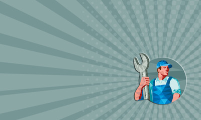 Business card Mechanic Holding Spanner Wrench Low Polygon