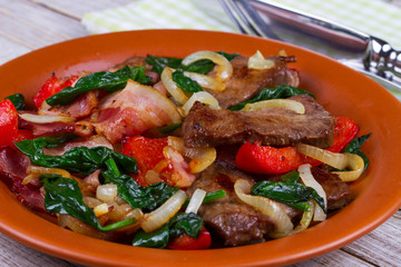 Fried meat, bacon, red pepper and spinach plate