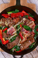 Frying pan with fried meat, bacon, red pepper and spinach