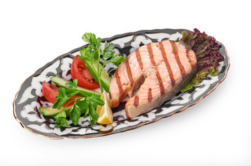 grilled salmon with asparagus, pea, yellow peppers, carrots and