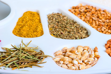 colorful spices are in the palette closeup