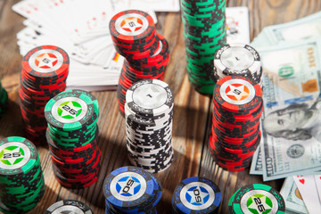 Fototapeta na wymiar Chips, cards and money poker
