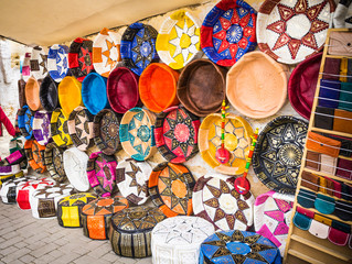 Morocco, souk of Fez, artisan shop of colorful moroccan leather.