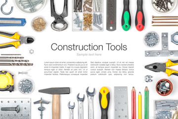 set of tools on white background top view