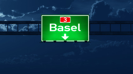Basel Switzerland Highway Road Sign at Night