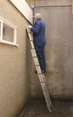 A painter working from a set of ladders