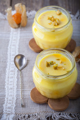 Panna cotta of almond milk with saffron