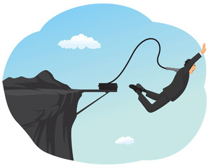 Businessman is bungee jumping off a cliff