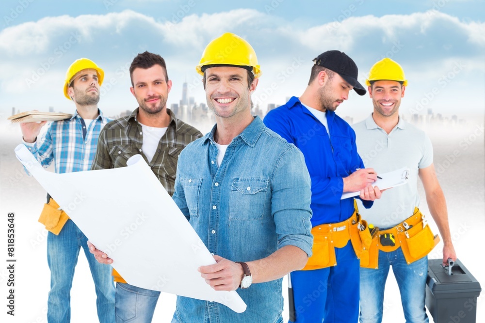 Aufkleber composite image of happy architect holding blueprint in house