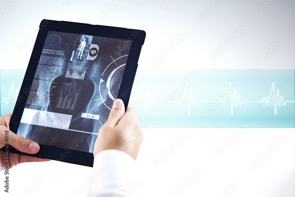 Poster composite image of man using tablet pc