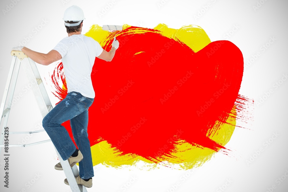 Aufkleber Composite image of man on ladder painting with roller