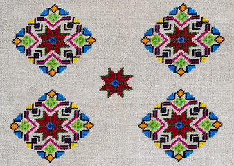 Ornament- ethnic Ukrainian embroidery on cannabic canvas