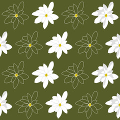 Yellow Lotuses in the pond. Dark green Seamless pattern.