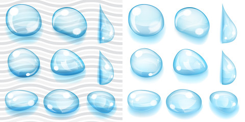 Transparent and opaque light blue drops of various shapes