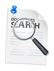 Documents search icon with magnifying glass and push pin. Vector
