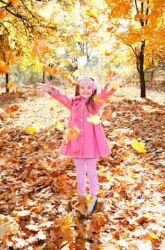 Happy cute little girl playing with maple leaves