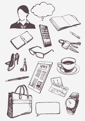 Set of hand drawn objects for business woman. Vector