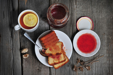 rustic afternoon tea, cake and jam
