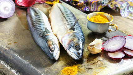 fresh mackerel prepared for roasting