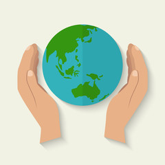 Hads holding Earth, flat style, vector