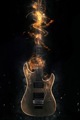Electric Guitar on fire on Black Background - obrazy, fototapety, plakaty