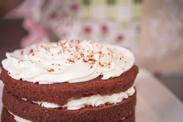 Young woman chef cooking cake in kitchen