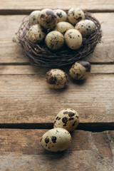 Bird eggs in nest on wooden background