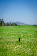 Empty tee on teeing area with green grass ahead and mountains in