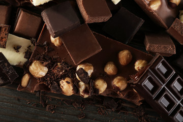 Set of chocolate with hazelnut, closeup