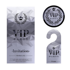 VIP party invitation card, warning hanger and badge.